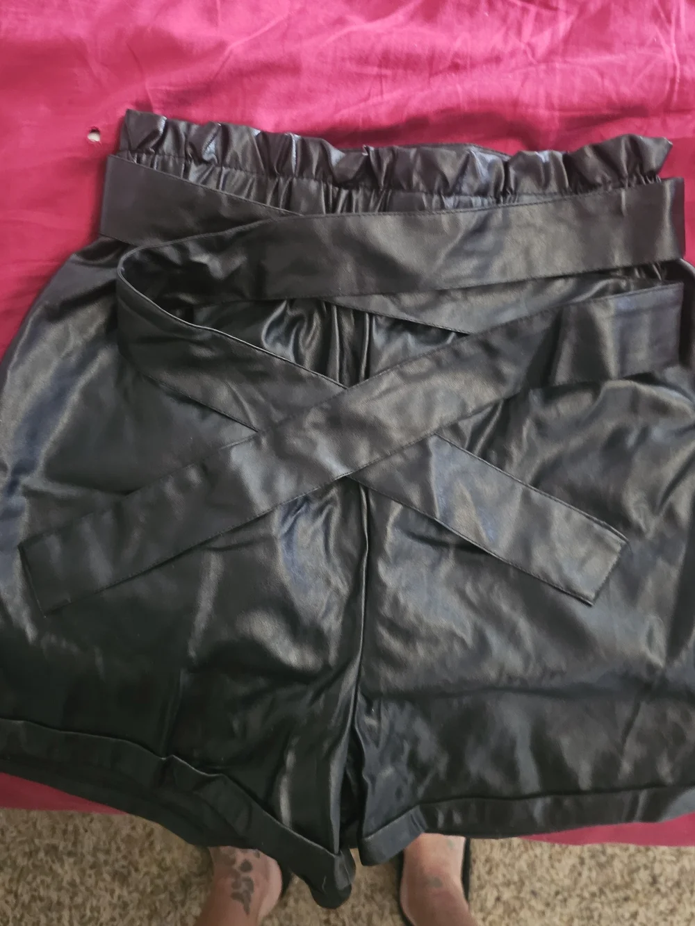 SHEIN Black Faux Leather Paperbag Waist Skort with Tie